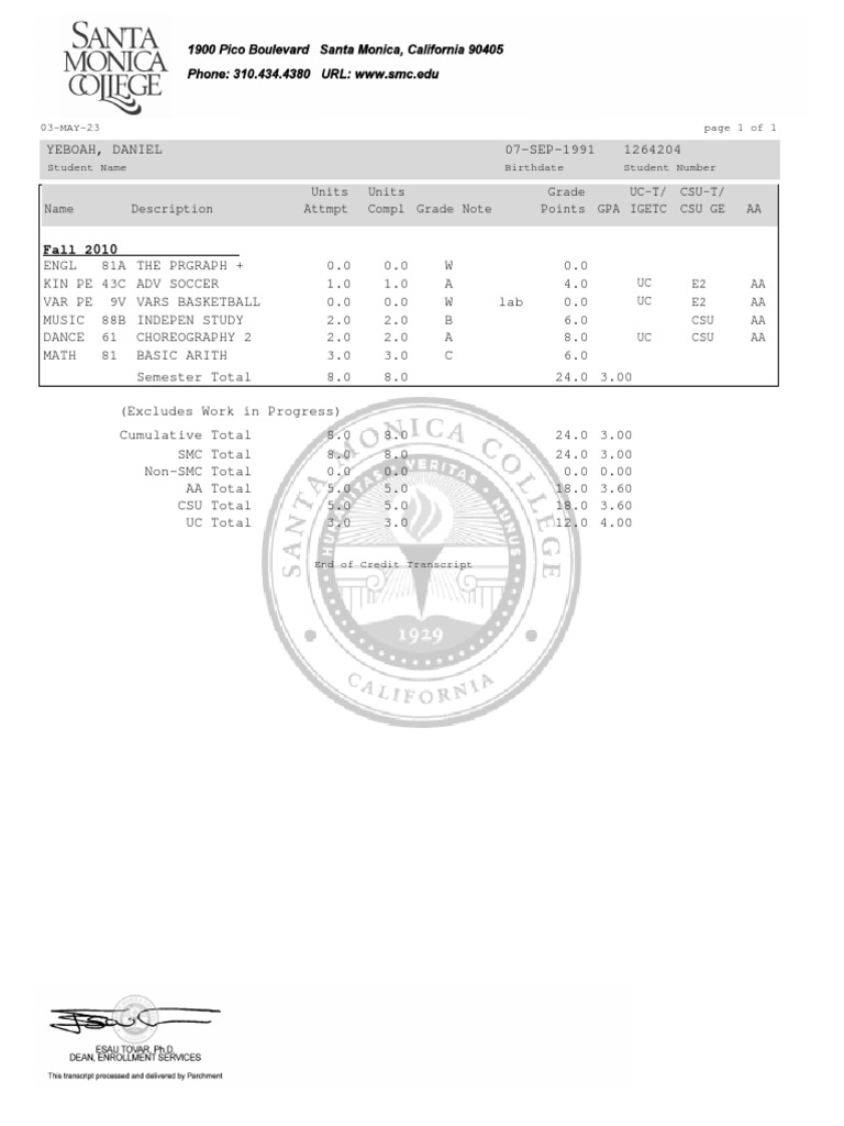 Santa Monica College Transcript Overview | PDF
