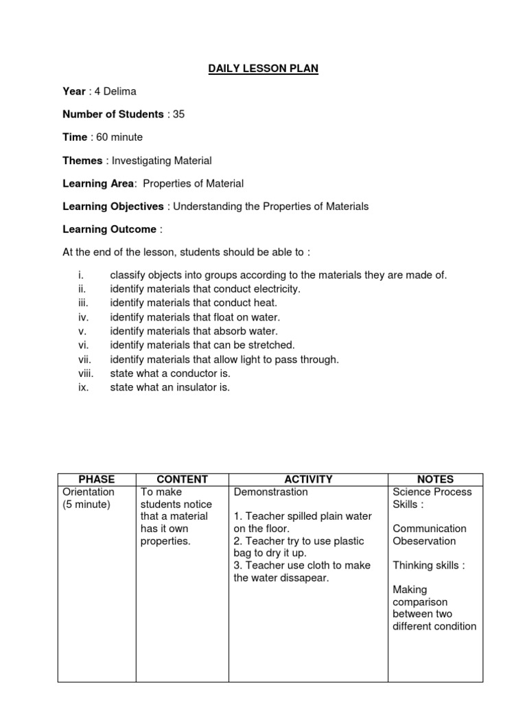 Rphyear 4Properties of Materials Lesson Plan Learning