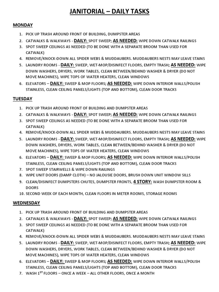 Daily Janitorial Task Checklist | PDF