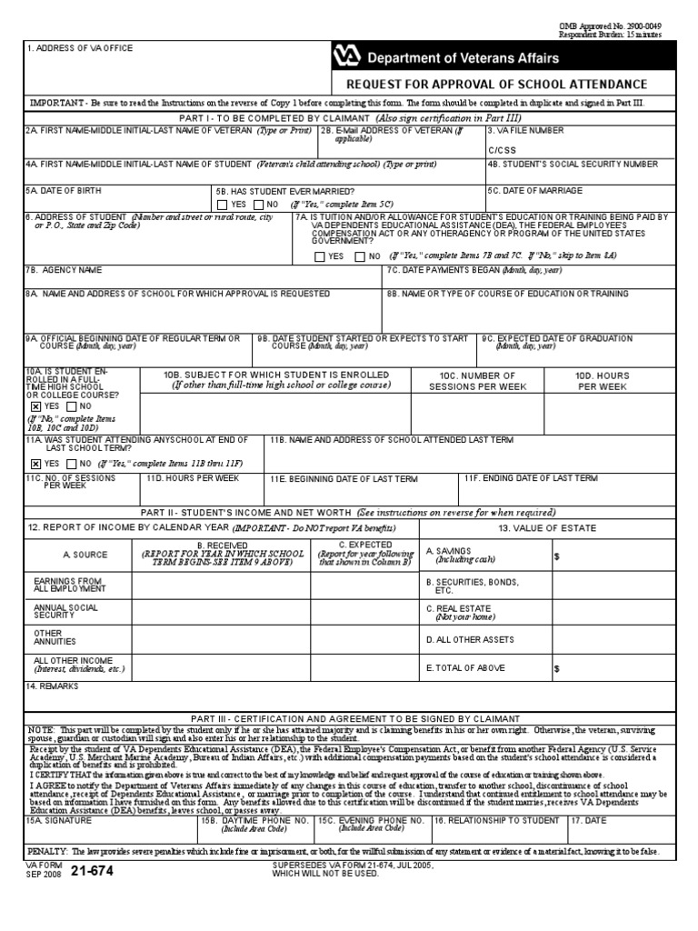 VA Form 21-674 School Attendance Request | PDF | Social Security ...