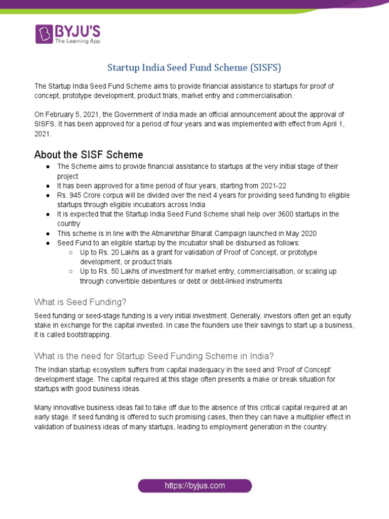 Startup India Seed Fund Scheme SISFS PDF | PDF | Business | Finance ...