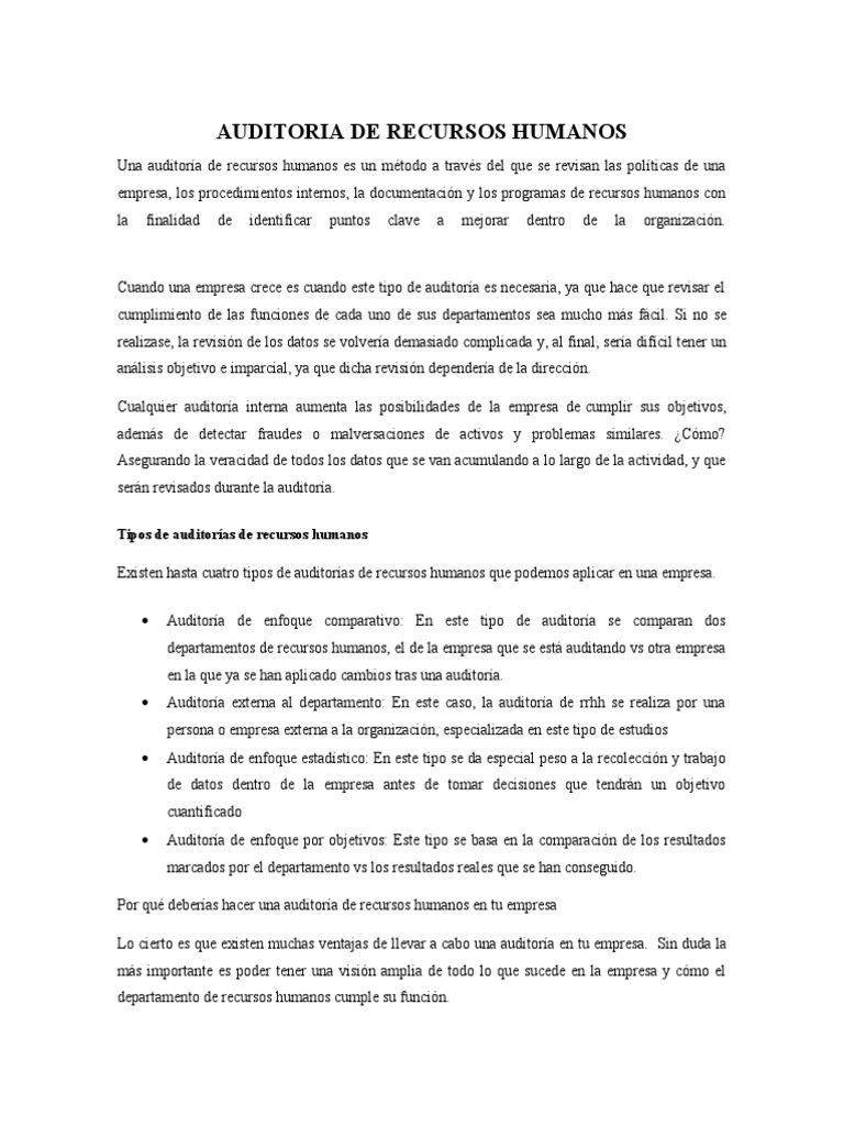 Auditoría de Recursos Humanos: Guía Completa | PDF | Auditoría ...