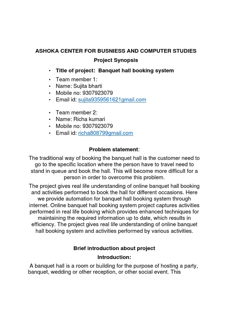 synopsis-banquet-hall-booking-pdf