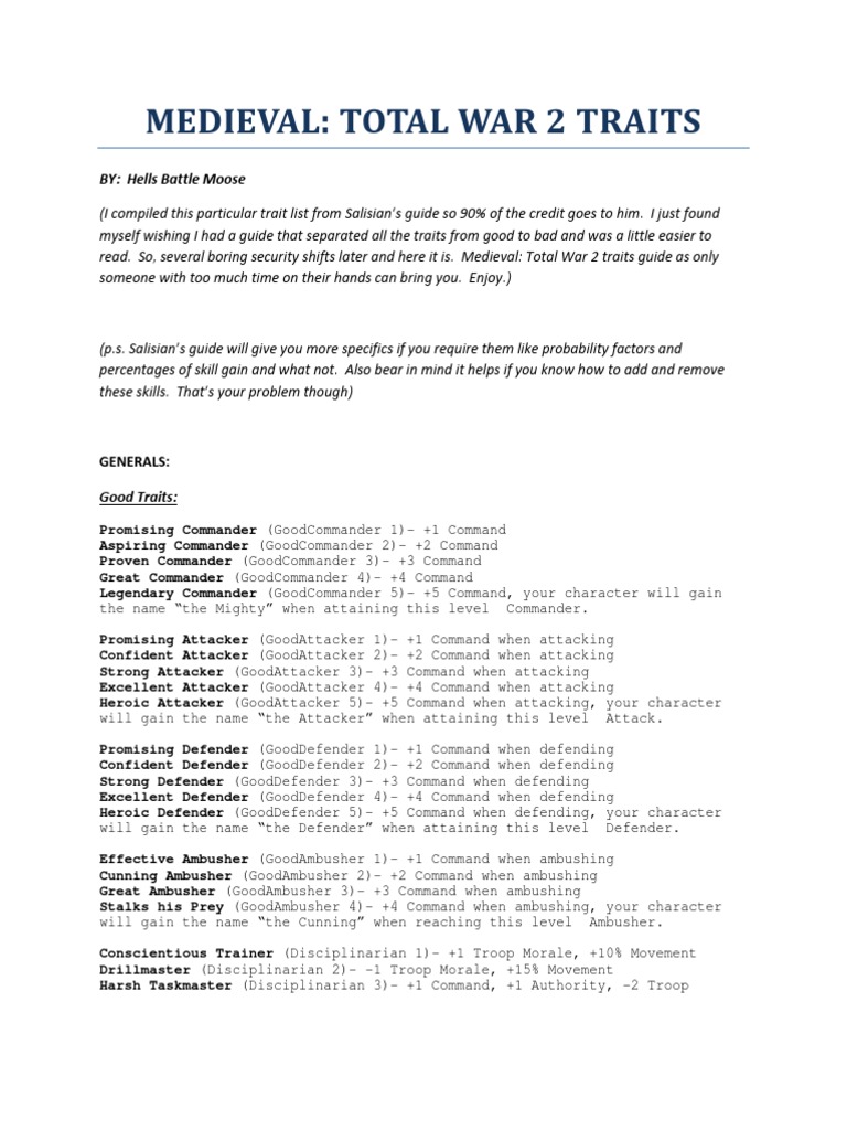 Medieval 2 Trait List