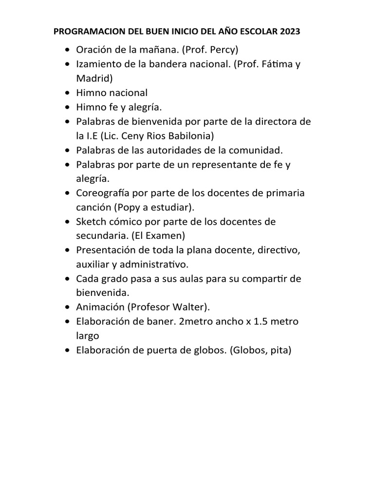 Programacion Del Buen Inicio Del Año Escolar 2023 | PDF