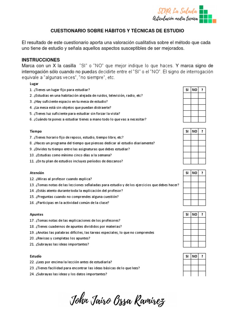 Cuestionario de Hábitos de Estudio | PDF