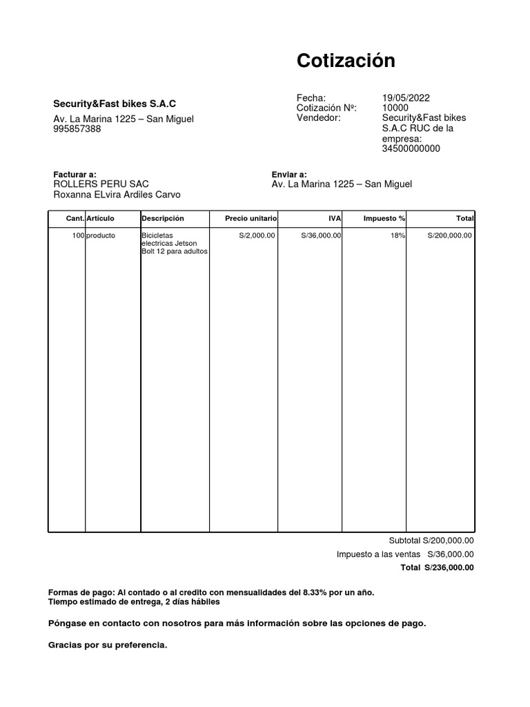 Security&Fast Bikes S.A.C Cotización 10000 PDF