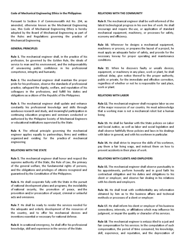 Philippine Mechanical Engineering Ethics Code | PDF | Engineer | Employment