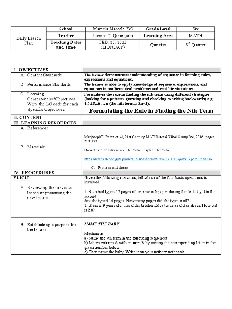 6th Grade Math Lesson Plan: Nth Term | PDF