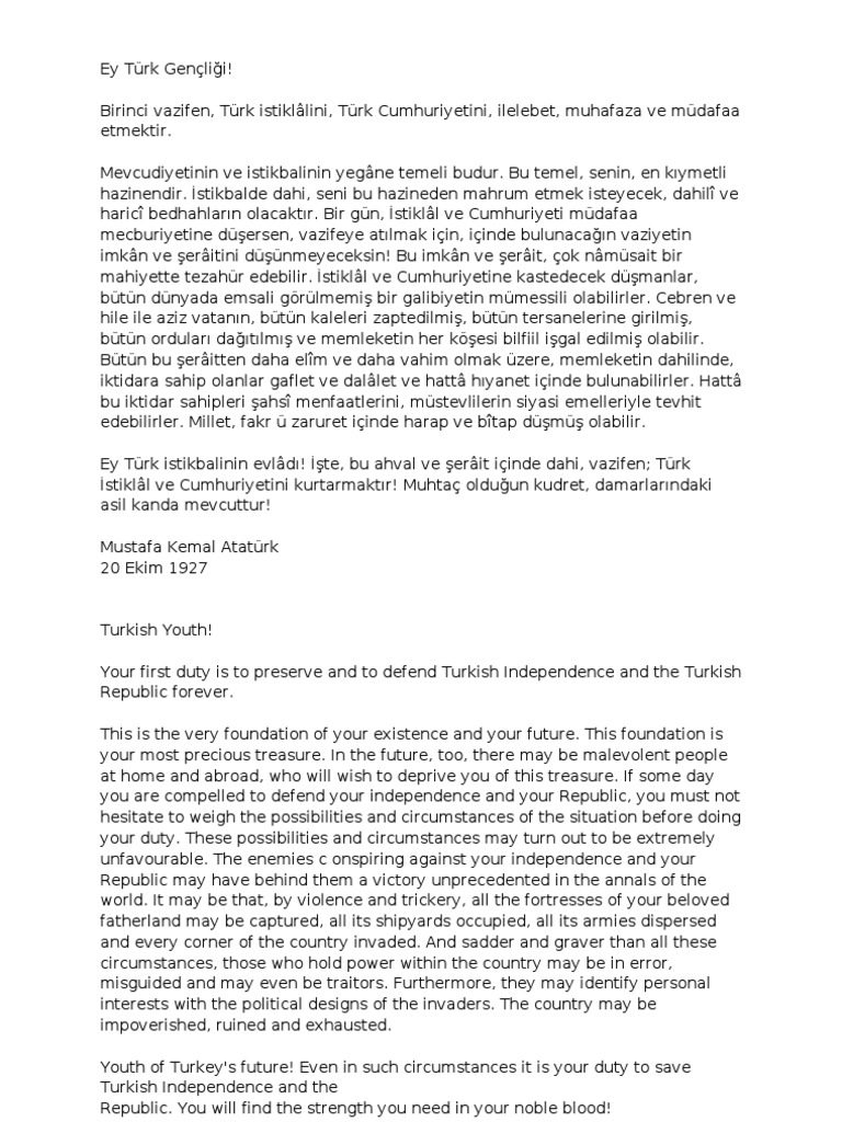 Atatürk's Address To Turkish Youth | PDF