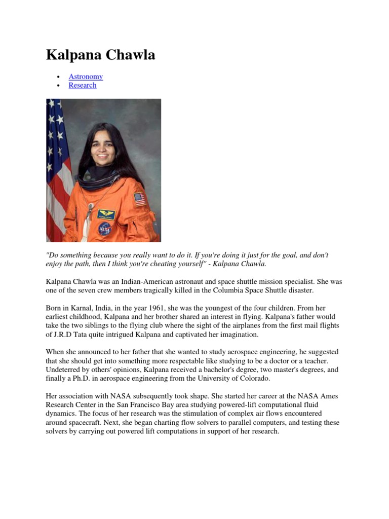 Kalpana Chawla Biography | PDF | Spaceflight | Space Exploration