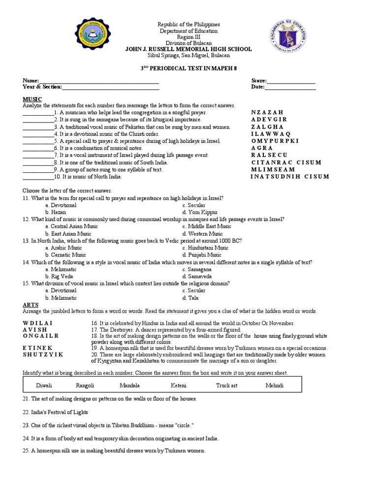 3rd Periodical Test In Mapeh 8 Pdf