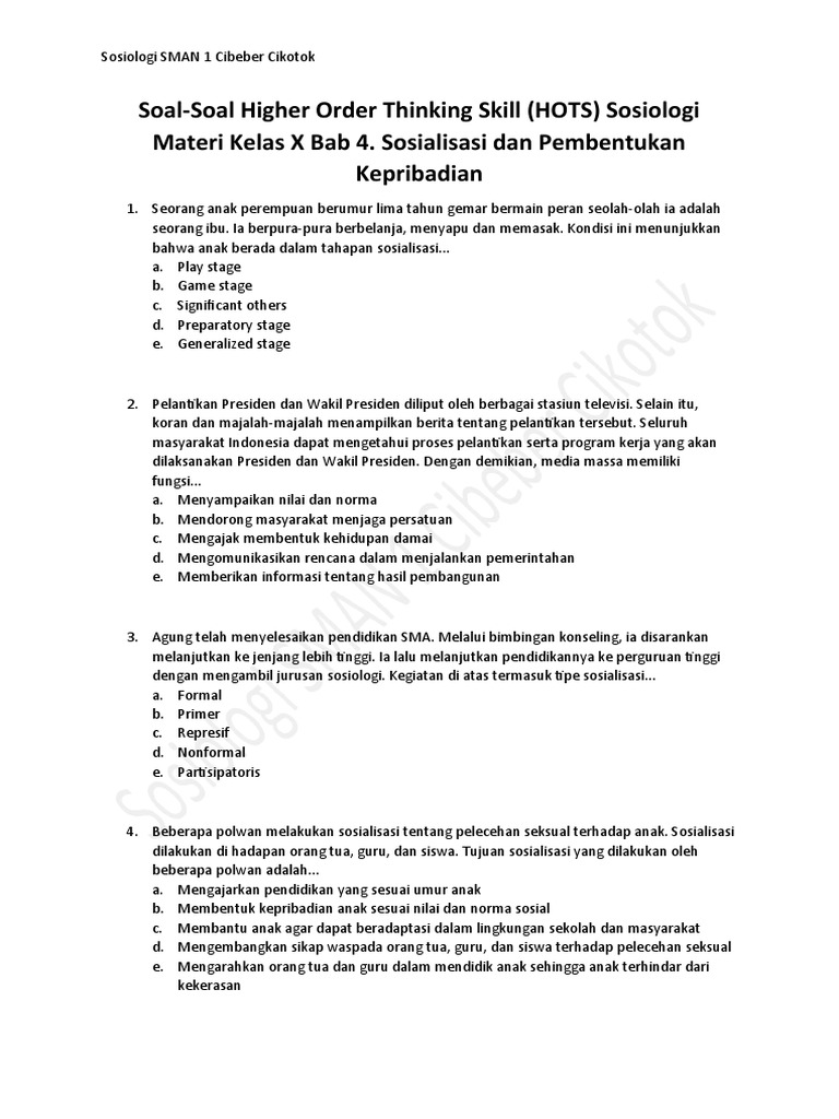 Soal-Soal Higher Order Thinking Skill (HOTS) Sosiologi Materi Kelas X ...