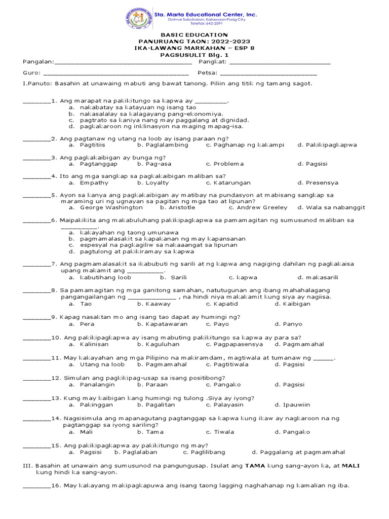 2nd quarter esp 8 quiz 1 pdf