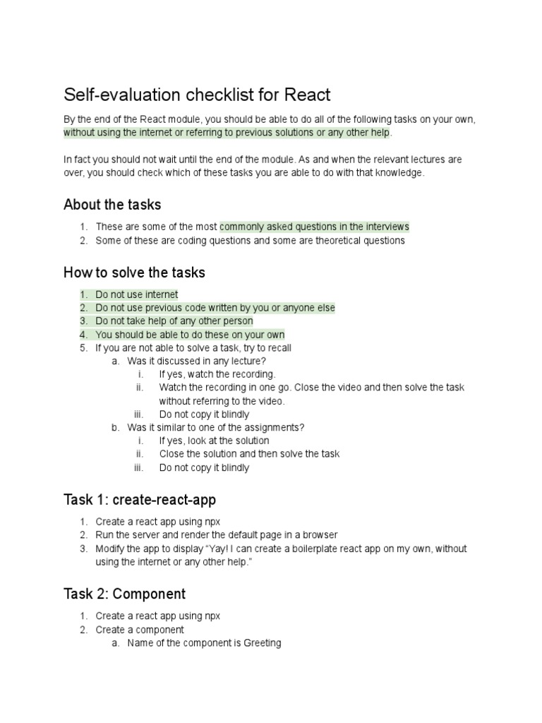React Self-Evaluation Checklist | PDF