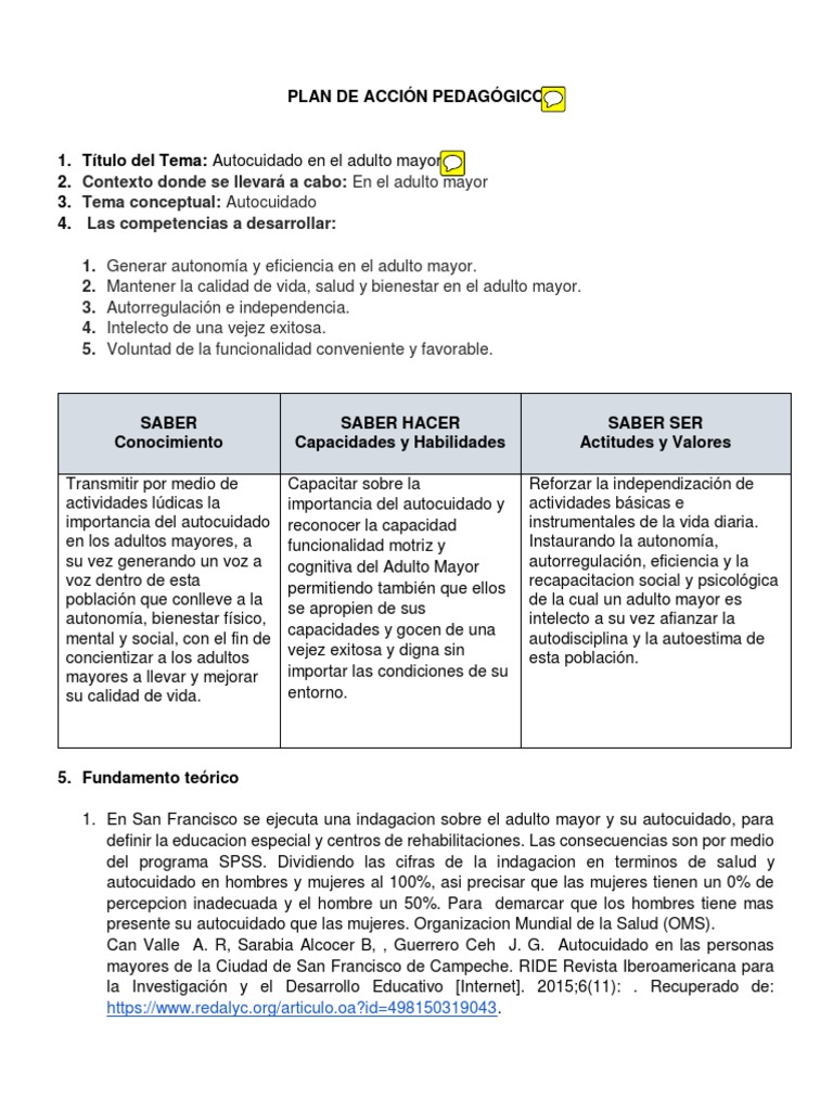 Plan de Accion Pedagogico Autocuidado | PDF | Vejez | Adultos, image size:768x1024