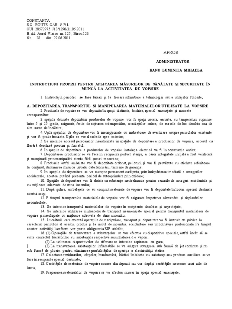 Instructiuni Proprii Vopsitorie | PDF