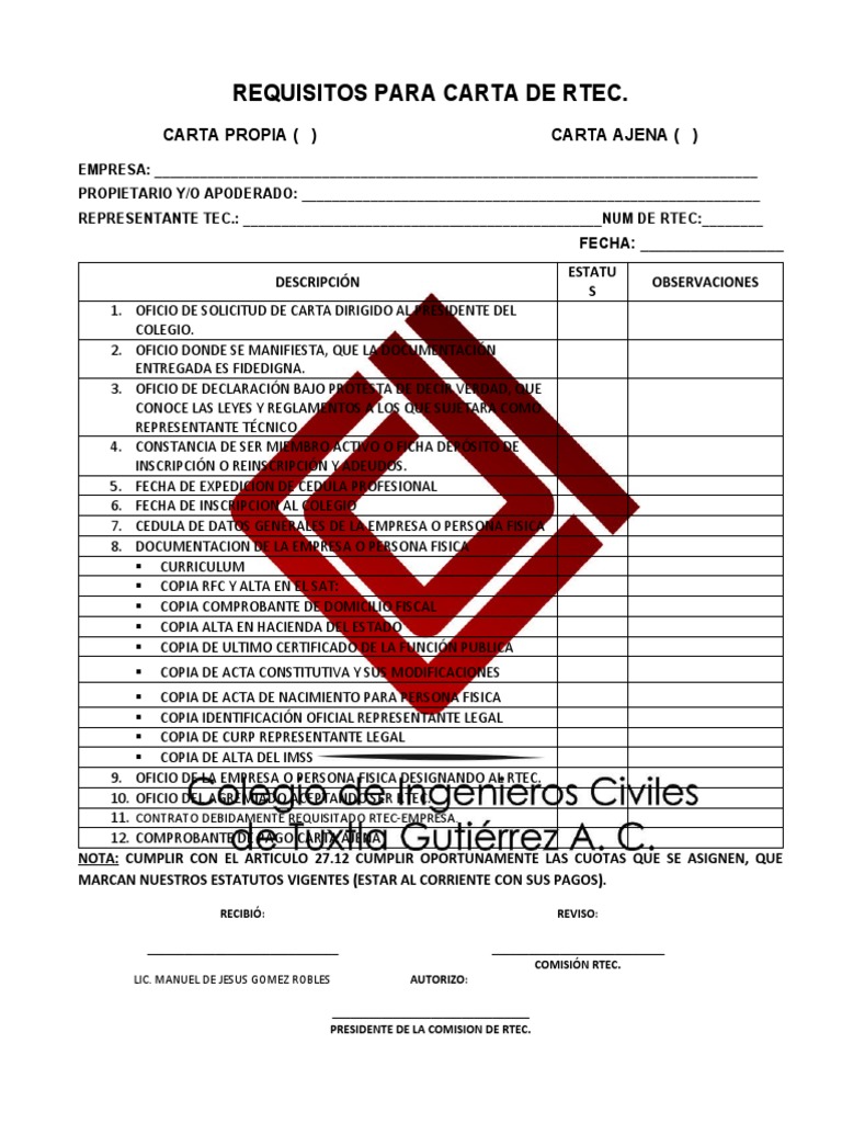 Requisitos para Carta de RTEC | PDF