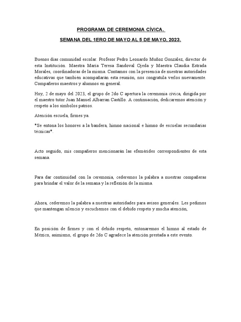 Programa de Ceremonia Cívica 2023 | PDF