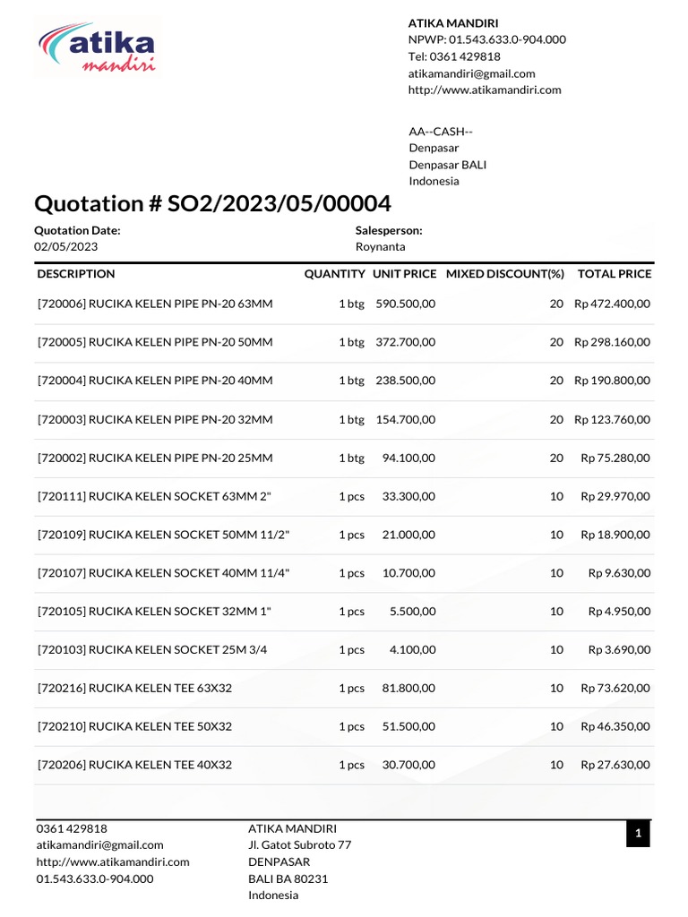 Atika Mandiri Pipe Quotation | PDF
