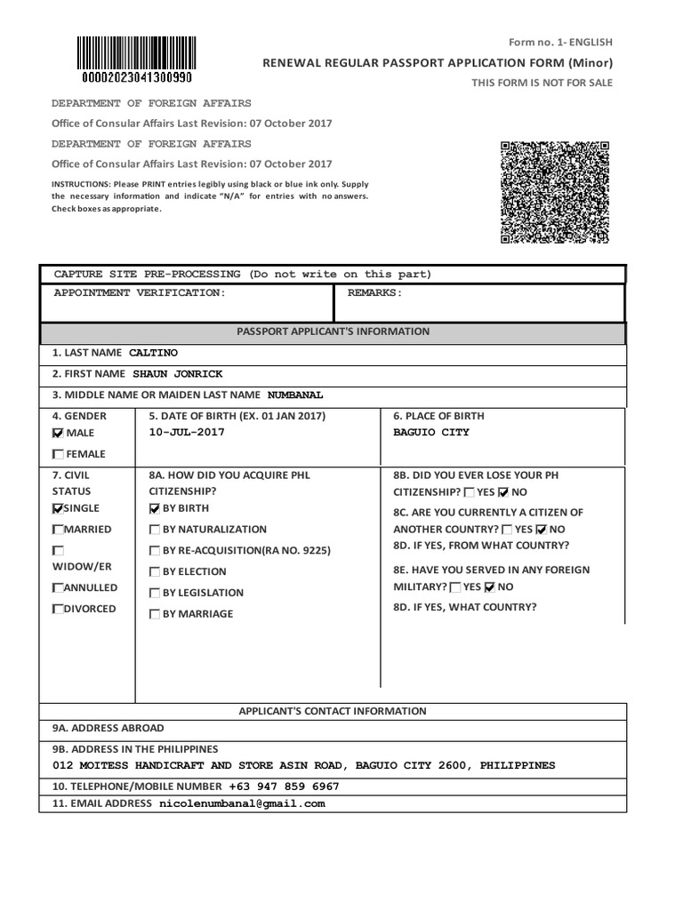 Renewal Regular Passport Application Form (Minor) PDF