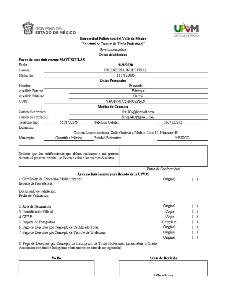 UPVM - XLS - FORMATOSOLICITUDDETRAMITETITULACIÓNLICENCIATURA (1 ...