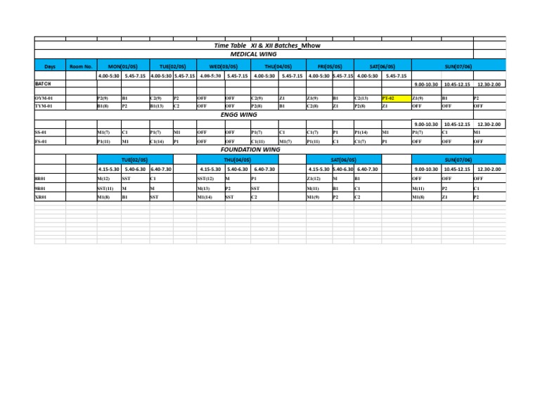 XI & XII Batch Time Table Mhow | PDF