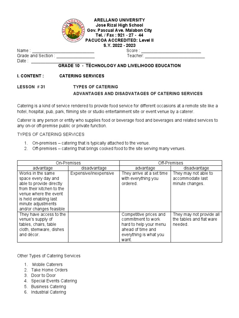 Grade 10 Lesson 31 Catering Services Types Au JRHS MRS Pag Asa Merto MR ...
