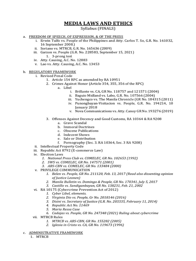 Media Laws and Ethics Syllabus | PDF