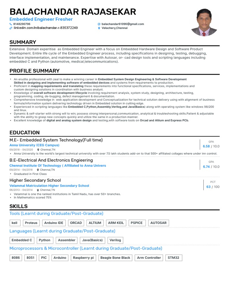 Embedded Engineer Resume Summary | PDF