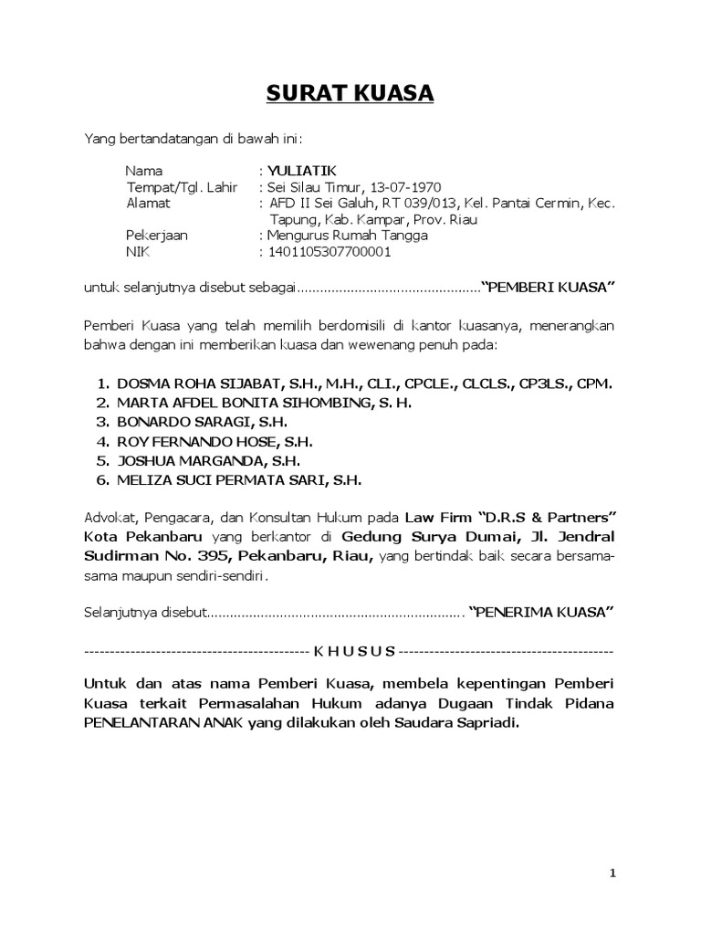 Surat Kuasa Penelantaran Anak | PDF