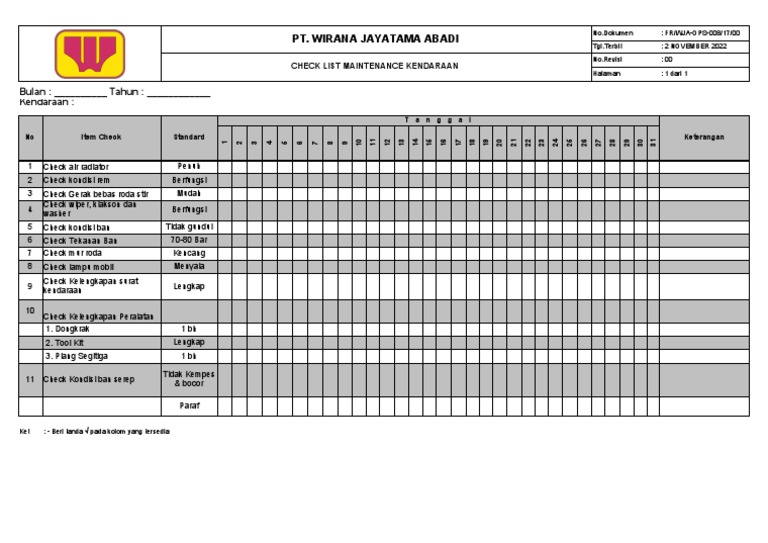 Checklist Pemeliharaan Kendaraan Roda 4 | PDF
