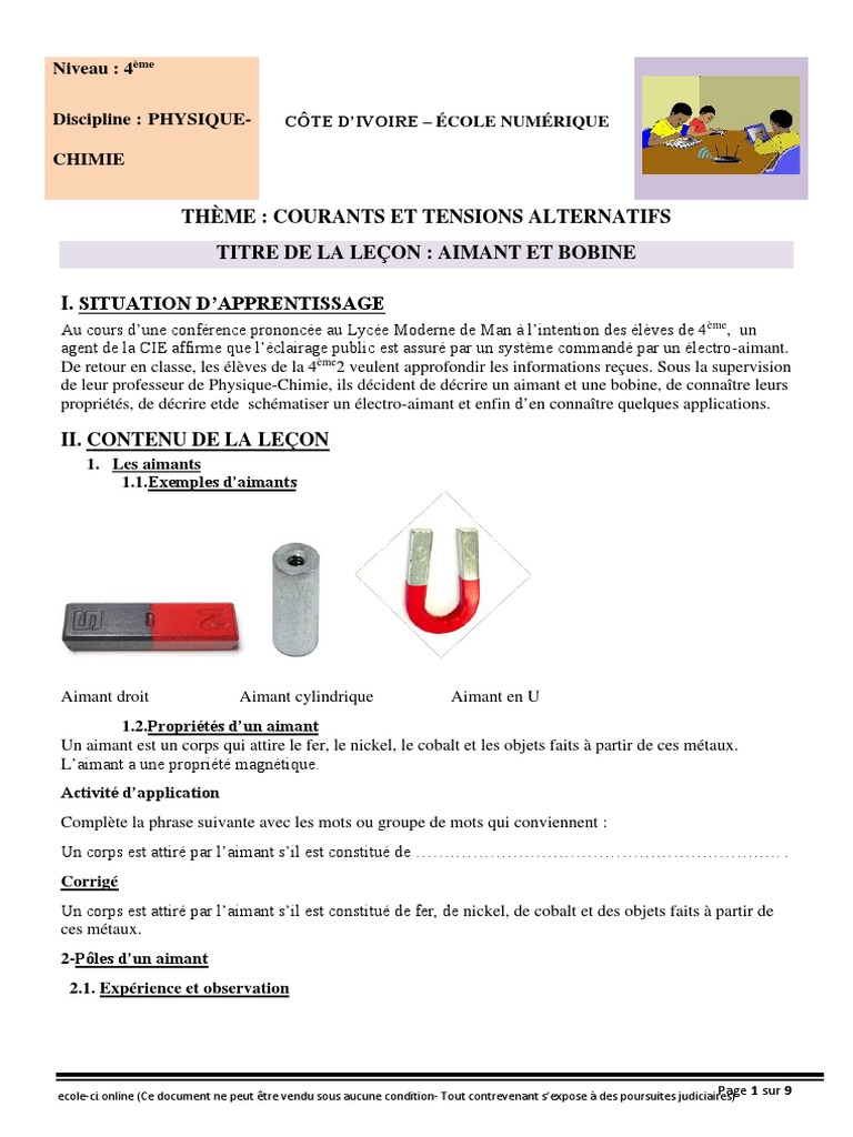 Aimant et Bobine en PhysiqueChimie PDF — free download