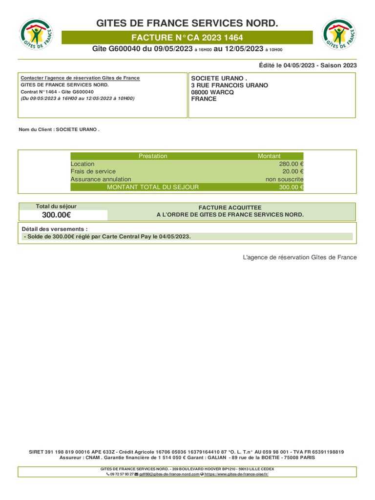 Facture acquittée Gîte de France | PDF