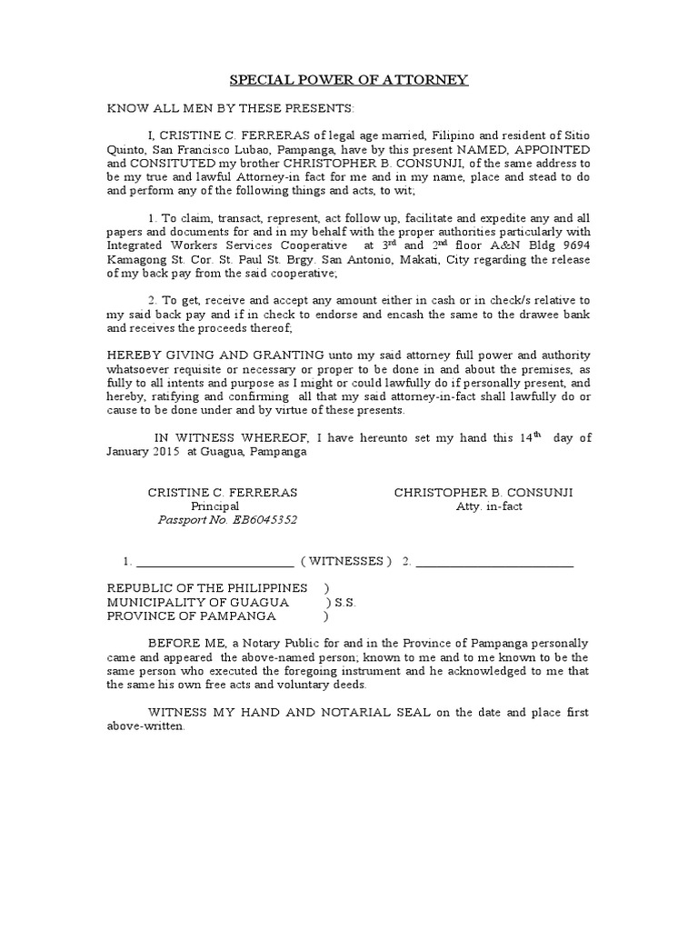 Special Power of Attorney - Backpay | PDF