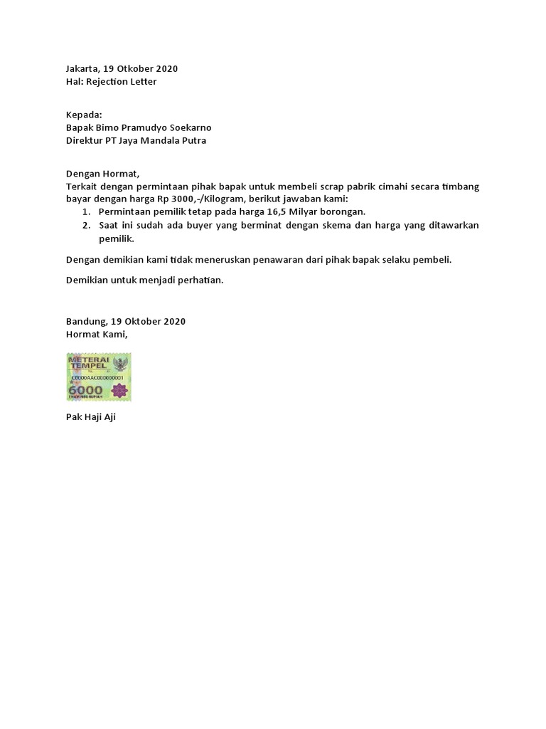 Rejection Letter Scrap Pabrik | PDF