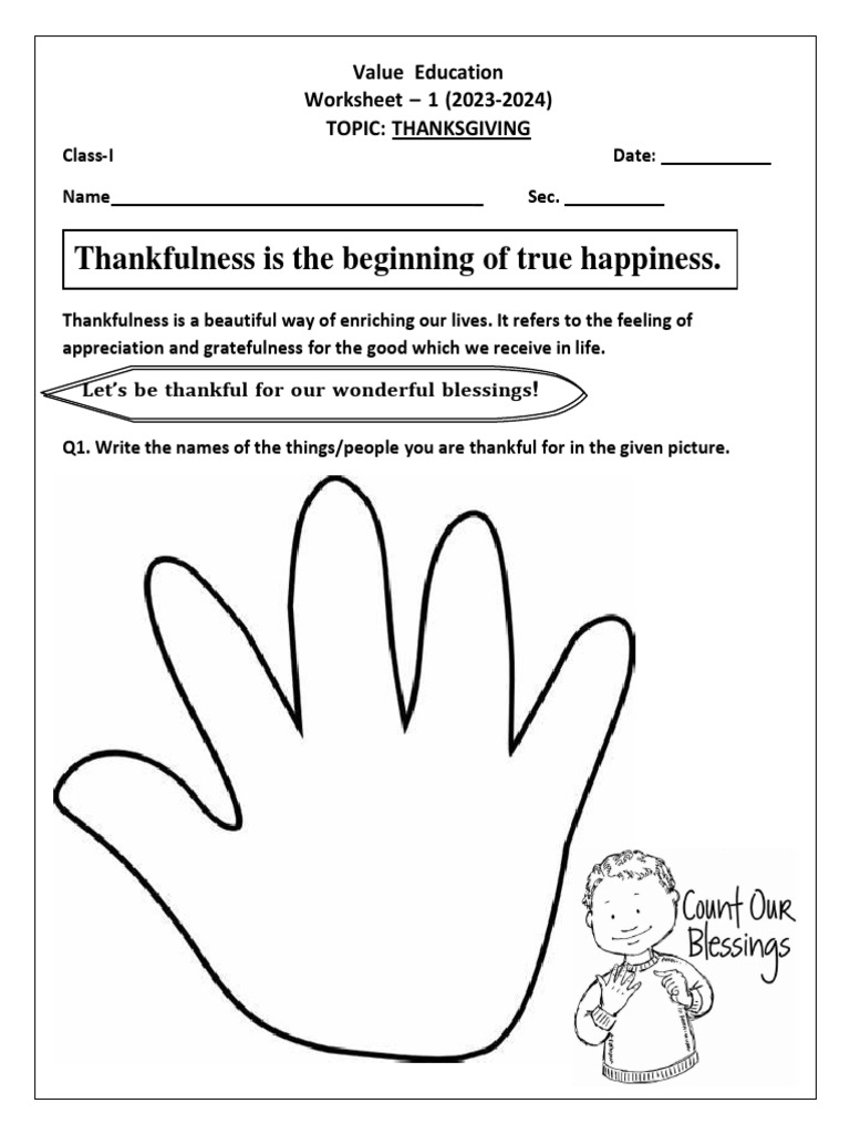 Class 1 Value Education Worksheet-1 (Thanksgiving) | PDF