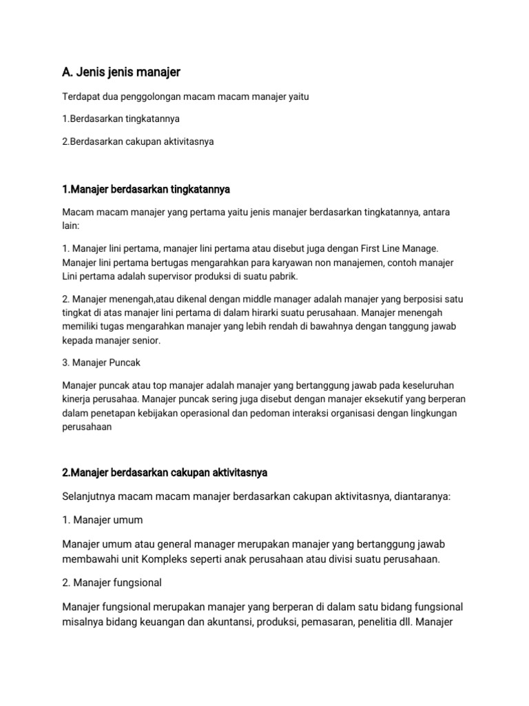 Jenis Jenis Manajer Dan Kemampuan Yang Harus Dimiliki | PDF