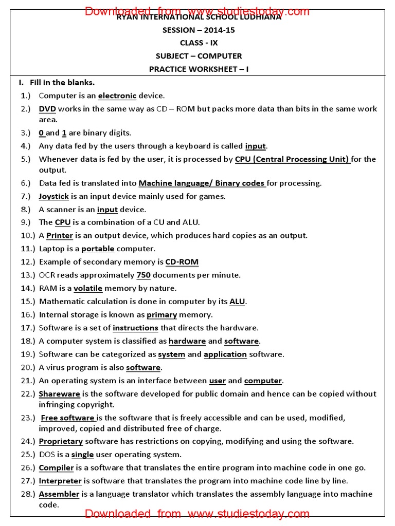 CBSE Class 9 Computer Science Worksheet PDF | PDF