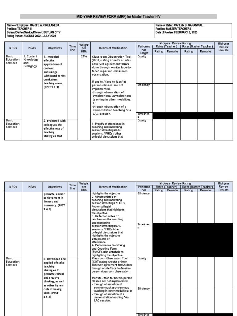 Mid Year Review FormMT 2022 2023 | PDF