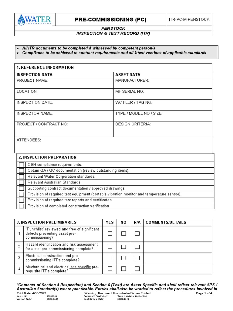 Penstock Inspection & Test Plan | PDF
