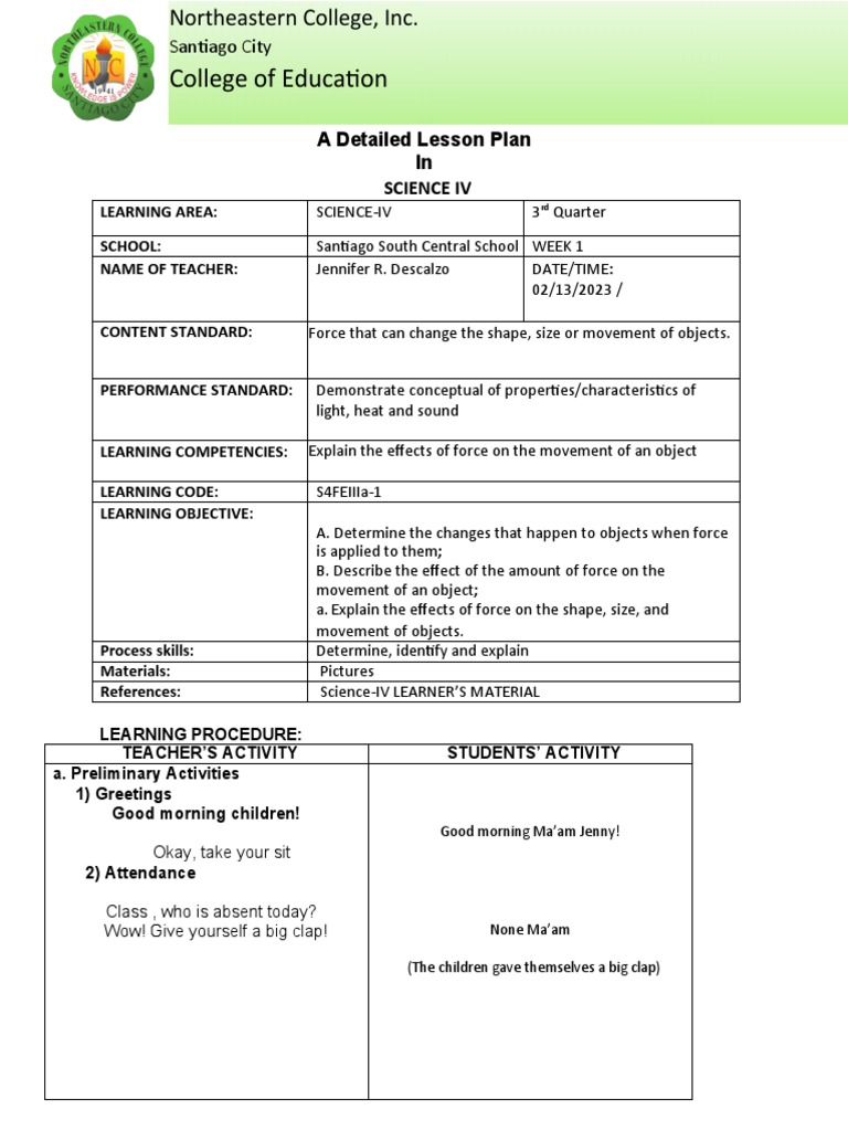 Science IV Lesson Plan on Force Effects | PDF