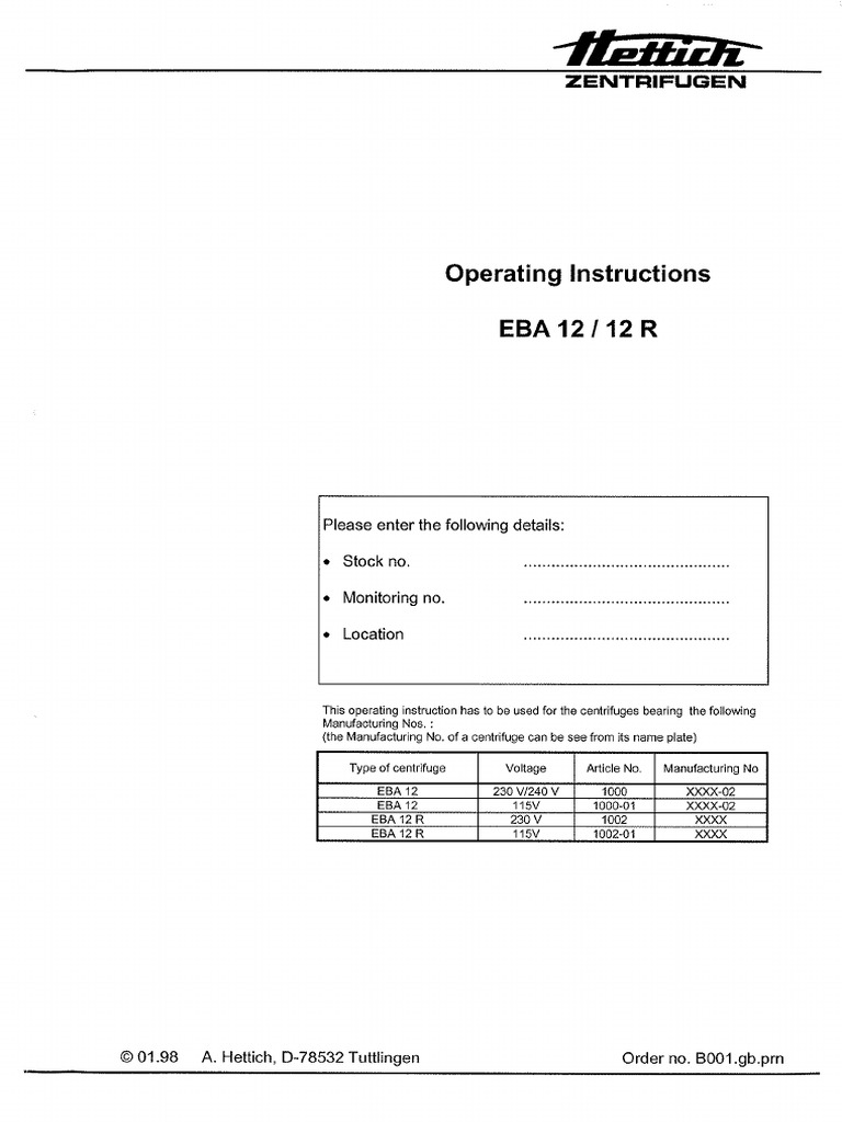 Hettich EBA 12 Centrifuge User Manual PDF PDF