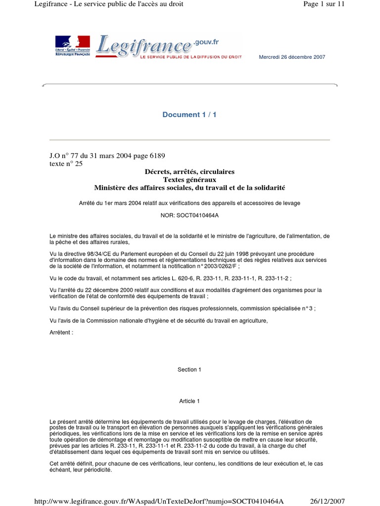 Arrêté Du 1er Mars 2004 Relatif Aux Vérifications Des Appareils Et ...
