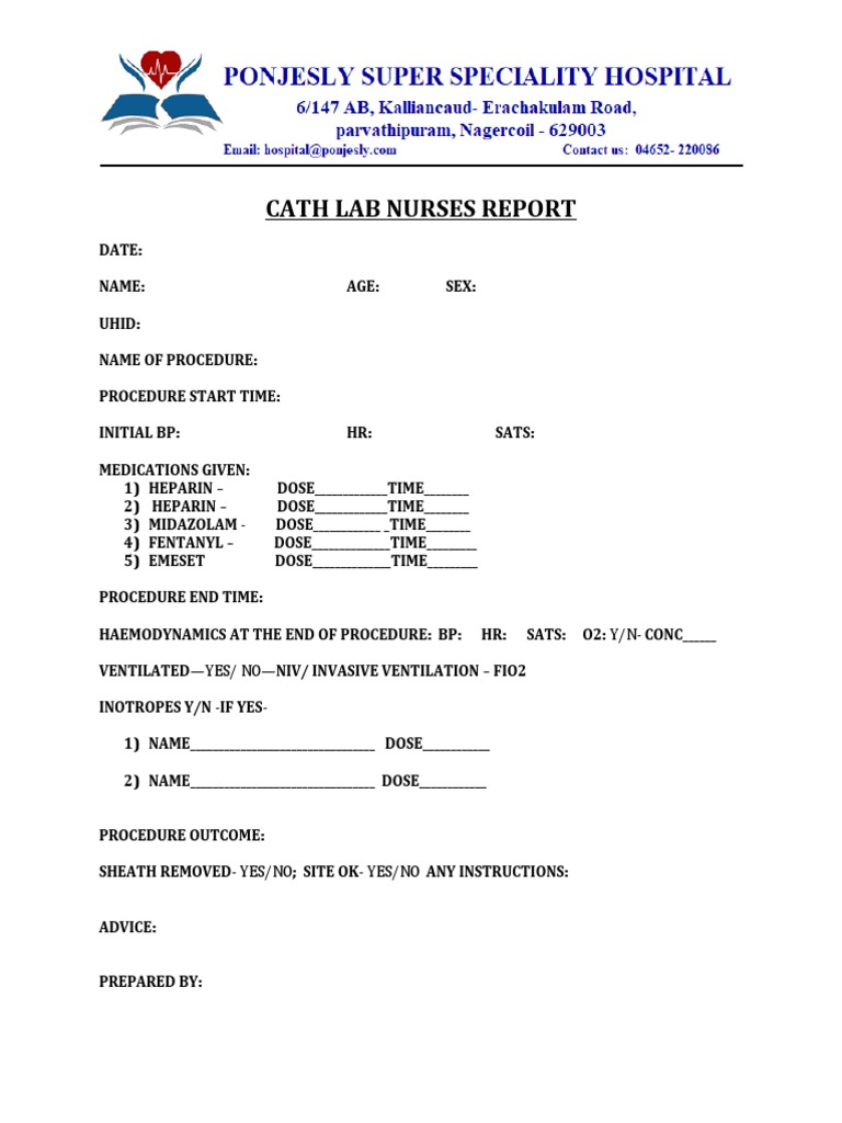 Cath Lab Nursing Report Template | PDF