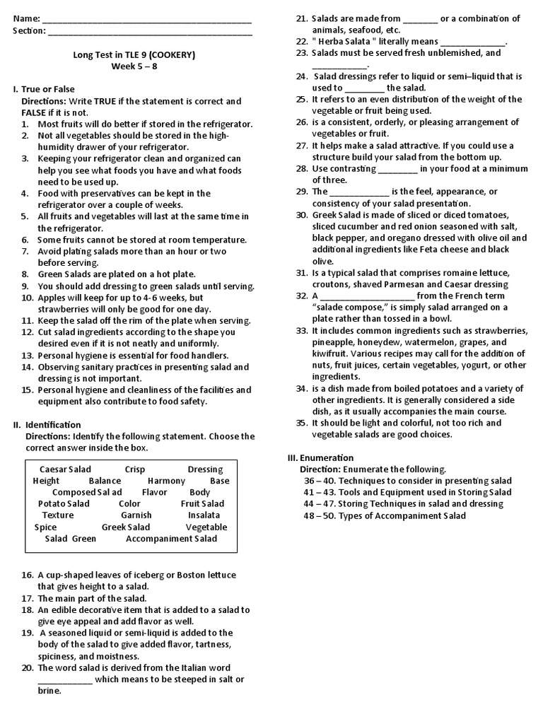Cookery - Long Test | PDF