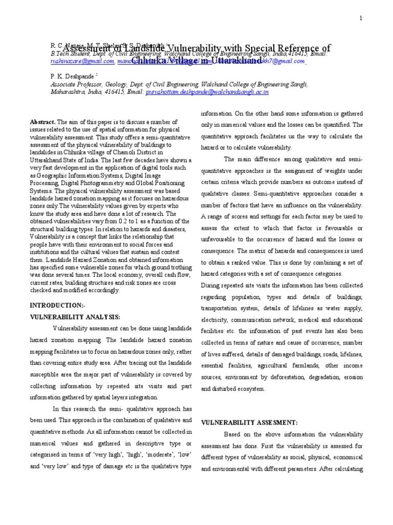 Assessment Of Landslide Vulnerability With Special Reference Of Chhinka