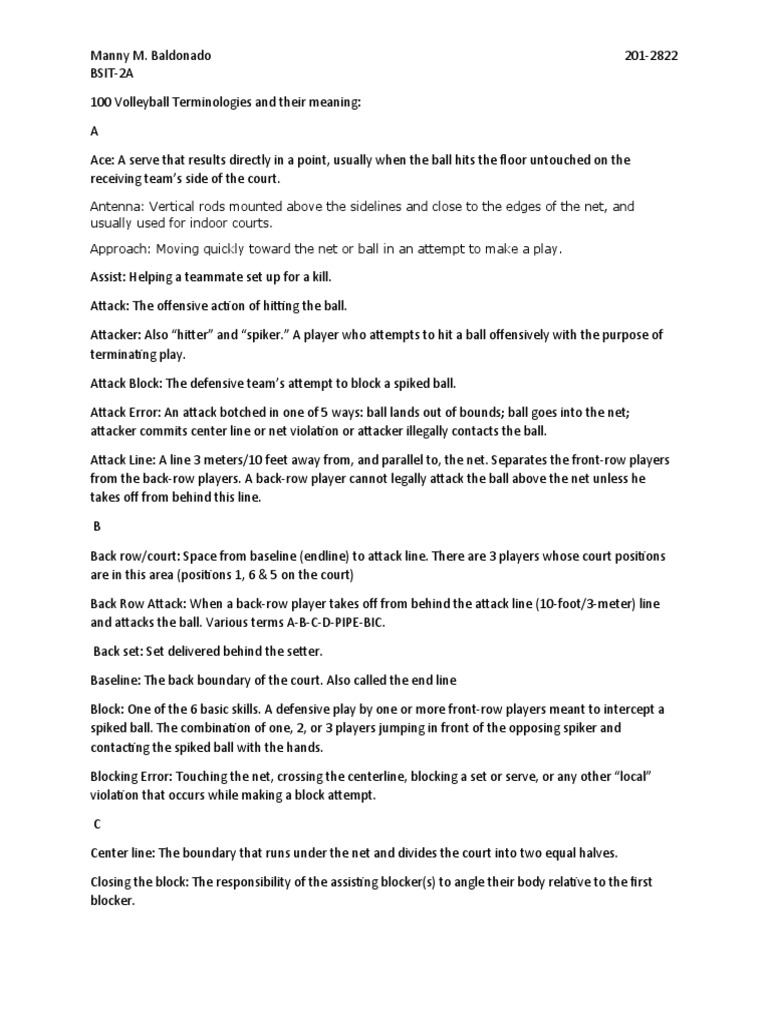 100 Volleyball Terminologies And Their Meaning Pdf