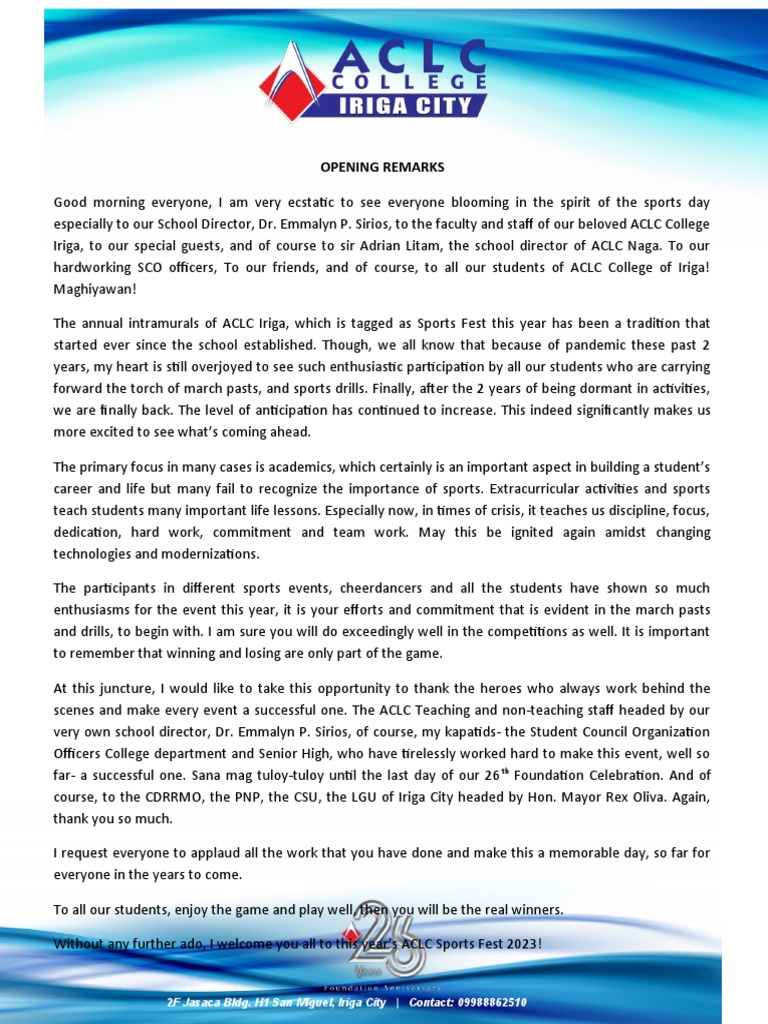 ACLC Sports Fest 2023 Opening Remarks | PDF