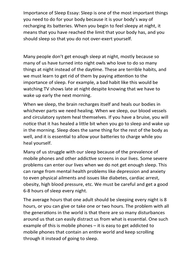 Importance of Sleep Essay PDF Sleep Mental Disorder